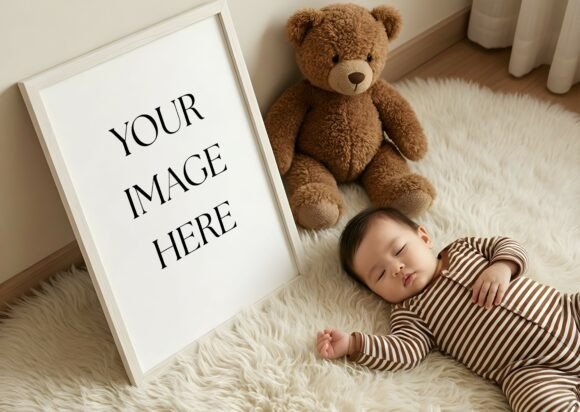 Download Nursery Mockup - Sleeping Baby &amp; Teddy - Mockup Collection