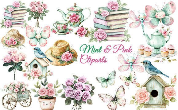 Download Mint &amp; Pink Aesthetic Clipart Bundle - Clipart bundle Collection